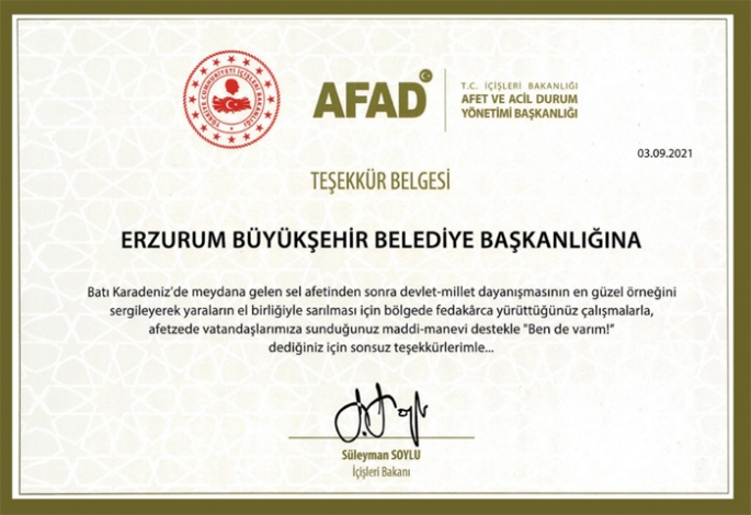Bakan Soylu’dan Büyükşehir’e Teşekkür belgesi